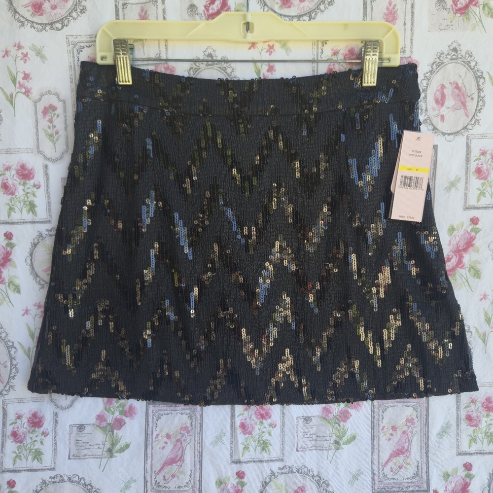 Nanette Lepore Black Gold Sequin Zig Zag Chevron Mini Skirt Women's Medium Party